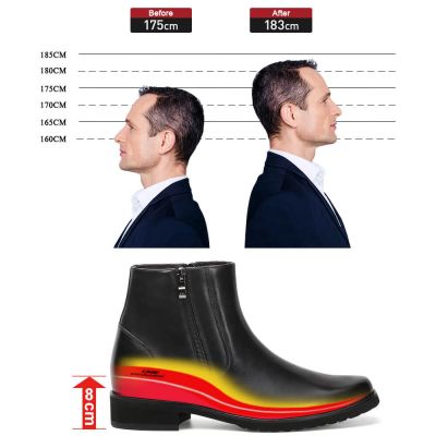 sapato masculino com salto - sapato com salto interno - botas de couro preto com zíper lateral - 8CM mais alto