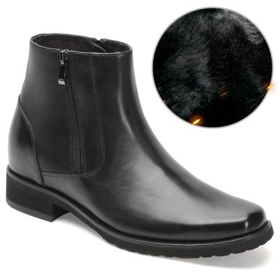 tenis com salto masculino - sapato de couro preto com zíper lateral - Botas de inverno forradas de pele - 8CM mais alto