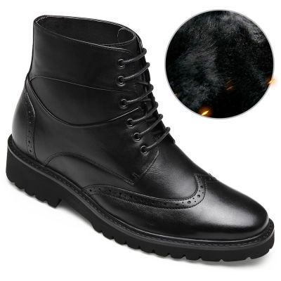 sapato masculino com salto interno - botas pretas forradas de pele quente de inverno 7CM mais alto