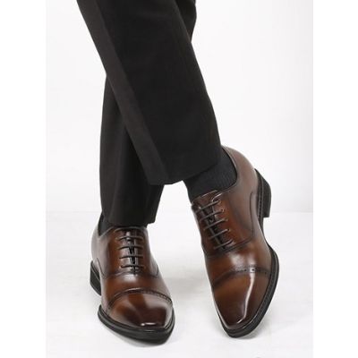 sapato social masculino salto alto - sapato de salto alto masculino - Brown Brogue oxford - 8CM mais alto