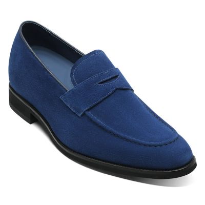 Sapato De Salto Masculino - Salto Para Sapato Masculino - Mocassins De Couro Camurça Azul 7cm