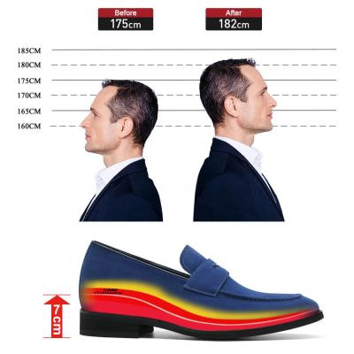 Sapato De Salto Masculino - Salto Para Sapato Masculino - Mocassins De Couro Camurça Azul 7cm