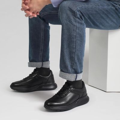 sapato masculino com salto interno - sapato de salto masculino - tênis casual de couro preto - 7CM mais alto