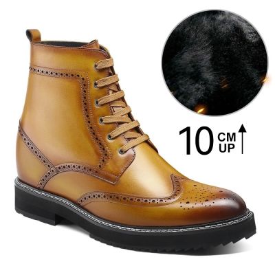 Sapato Social Masculino Com Salto Interno 10 CM - Botas elevadoras marrons Brogue com forro de pele quente