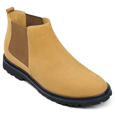 Sapato Masculino Com Salto - Sapato Alto Masculino - Botas Chelsea Nubuck Amarelas 7 CM