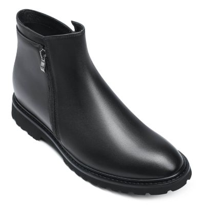 Sapato Masculino Com Salto - Sapato Com Salto Interno - Botas De Couro Preto Com Zíper Lateral 8CM