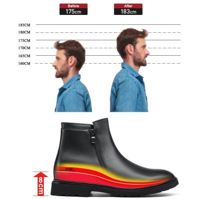 Sapato Masculino Com Salto - Sapato Com Salto Interno - Botas De Inverno Forradas De Pele Com Zíper Lateral Preto 8cm