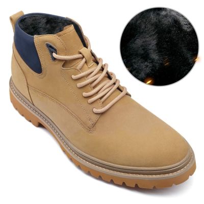 Sapato Masculino Salto Interno - Botas de inverno masculinas de couro nobuck amarelo com forro de pele ao ar livre 7 CM