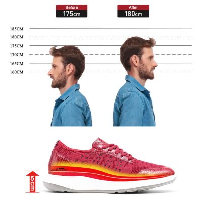 Sapato Com Salto Masculino - Sapato Masculino Com Salto Interno - Tênis de tricô vermelho para homens 5 CM