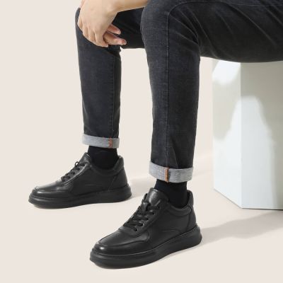 Tenis Com Salto Masculino - Tenis Com Salto Embutido - Tênis Casual De Couro Preto 6cm