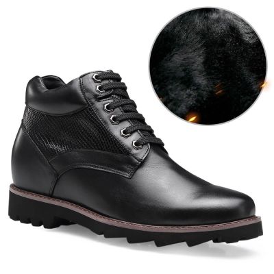 bota masculina com salto interno - Botas de inverno forradas de pele quente - sapatos de couro preto - 9CM de altura