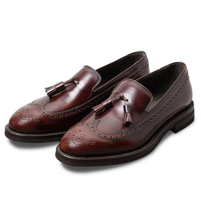 sapato masculino com salto interno 7CM - Negócio de vinho tinto Mocassins de borla Longwing de pele de bezerro polida - 7CM mais alto