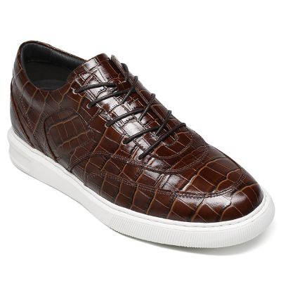 Tenis Com Salto Masculino - tênis masculino de couro marrom luxuoso feito à mão de 6cm