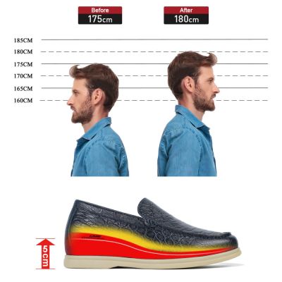 Sapatos Masculinos Com Salto - Mocassins Slip-On De Pele De Carneiro Com Relevo Azul 5 CM