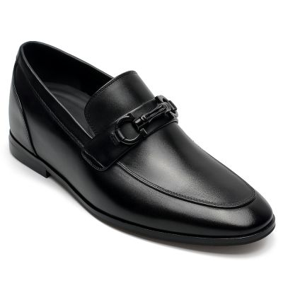 Sapato Masculino Salto Alto - Sapato Com Salto Interno Casuais - Mocassins Slip-On Em Pele Preto 6 CM