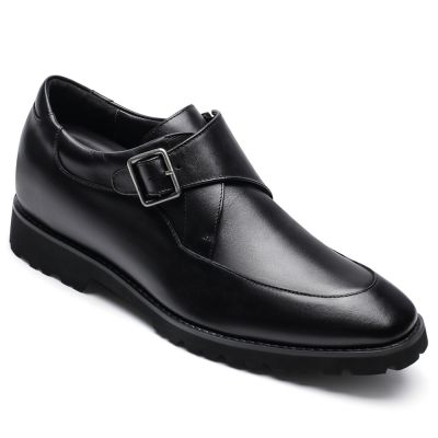 sapato social masculino com salto interno - sapatos de couro preto estilo monge 7CM