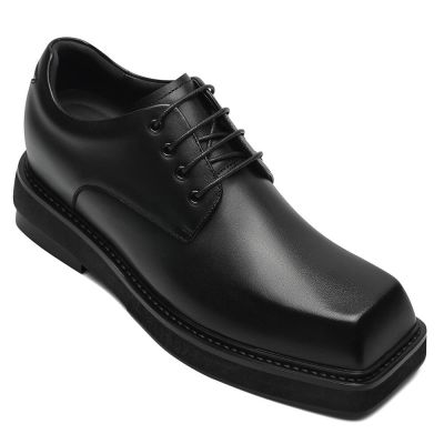 Sapato Masculino Salto Alto - Sapatos de homem em couro preto com bico quadrado - Sapato masculino aumenta 9 CM