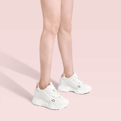 Tenis Com Salto Embutido Mulheres - Sapato Aumenta Altura De Couro E Malha De Couro Branco 8 CM