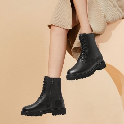 botas mulheres com salto interno - botas de couro pretas com zíper 8cm