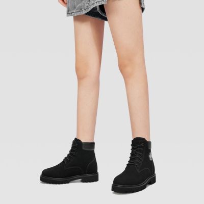 botas mulheres com salto - botas de cano curto de couro nobuck preto 8CM