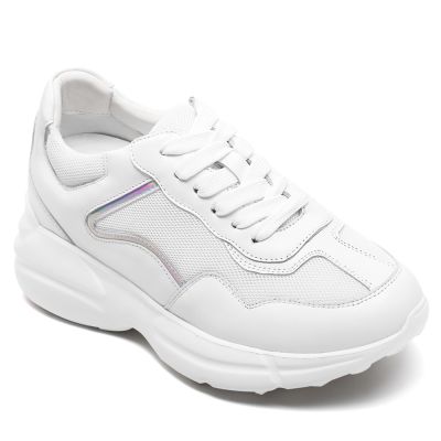 Salto Alto Para Masculino - Tenis Com Salto Mulheres De Couro De Vaca Branco e Malha 8 CM