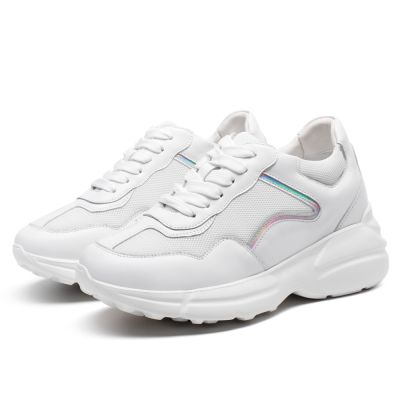 Salto Alto Para Masculino - Tenis Com Salto Mulheres De Couro De Vaca Branco e Malha 8 CM