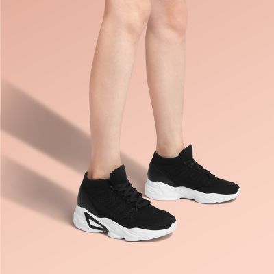 Tenis Com Salto Embutido - Salto Alto Para Mulheres - Sapatos De Malha Preta Respirável 6 CM