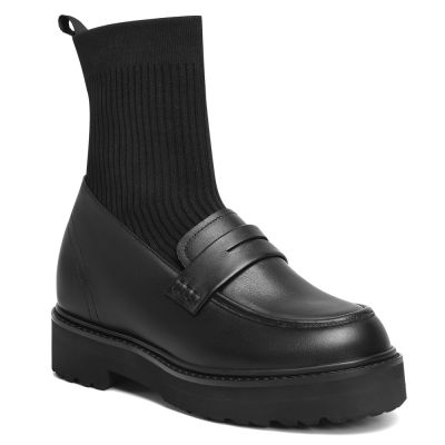 sapato mulheres com salto interno - botas altas de malha de couro de bezerro preto 8CM