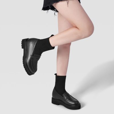 sapato mulheres com salto interno - botas altas de malha de couro de bezerro preto 8CM