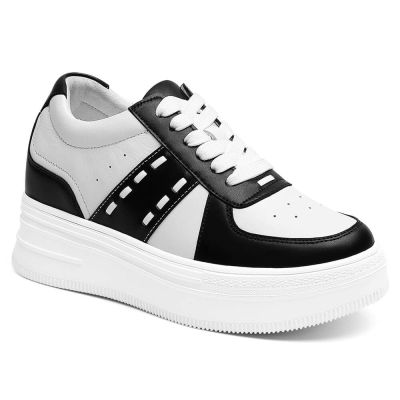 Salto Alto Para Mulhers - Tenis Com Salto Interno Mulheres Casuais De Couro Preto e Branco 8 CM