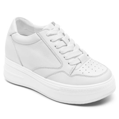 Salto Alto Para Mulheres - Tenis Com Salto Embutido Casuais De Couro De Vaca Branco 8CM