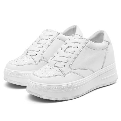 Salto Alto Para Mulheres - Tenis Com Salto Embutido Casuais De Couro De Vaca Branco 8CM