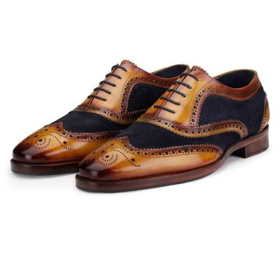 sapato masculino com salto - Handcrafted Wingtip Brogue Oxford - Navy Camurça - 7CM mais alto